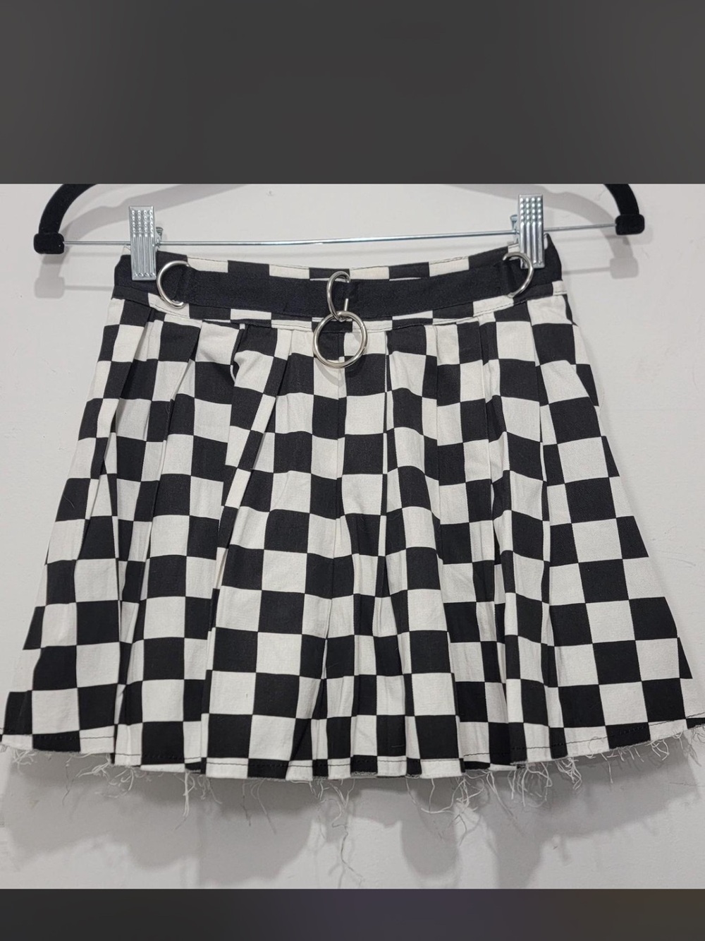 Dolls Kill Black & White Checkered checkerboard Pleated Mini Skirt w/ Ring Belt